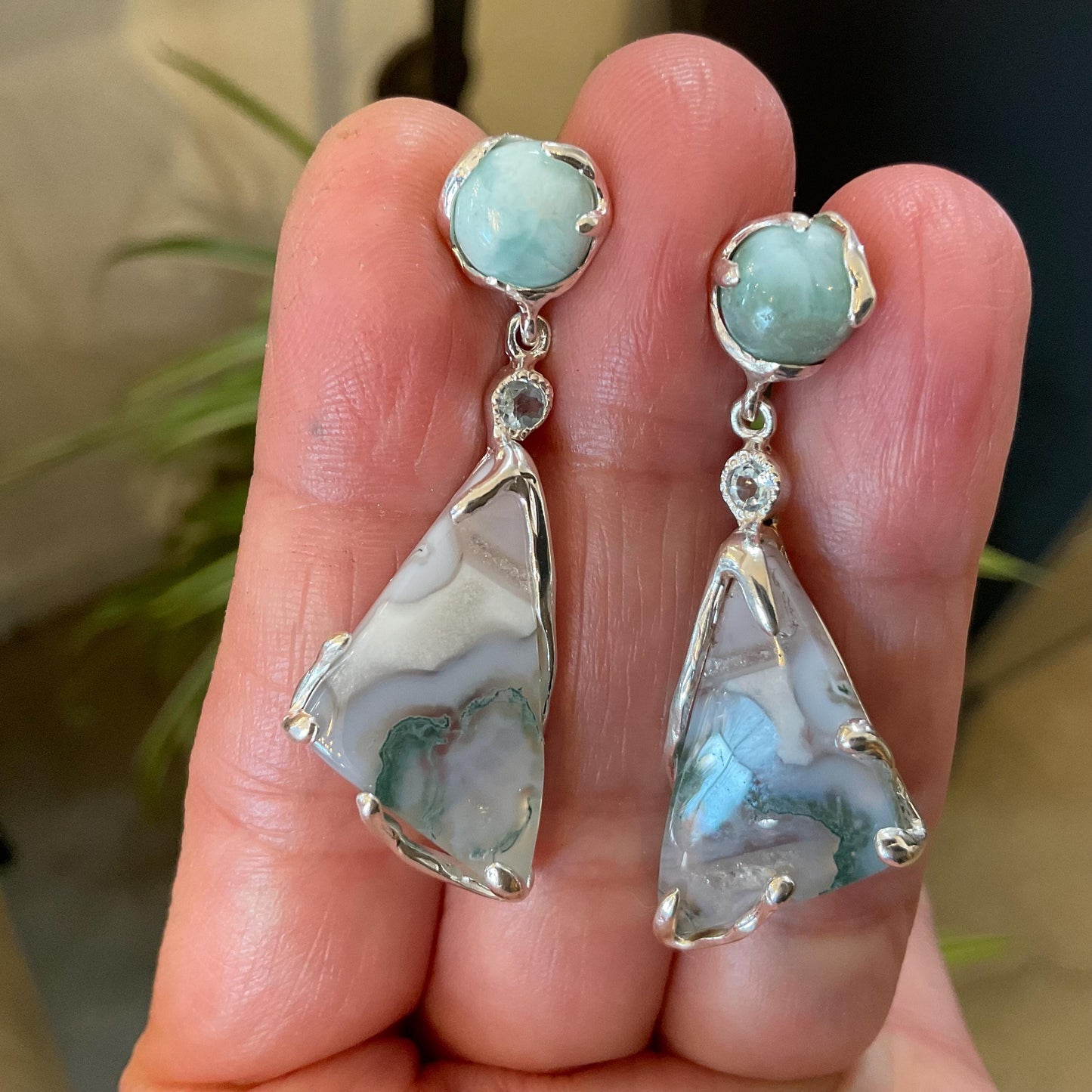 Dominican blue Larimar moss agate post dangle  Earrings