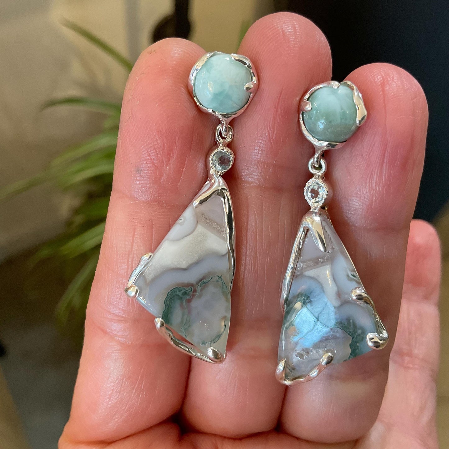 Dominican blue Larimar moss agate post dangle  Earrings