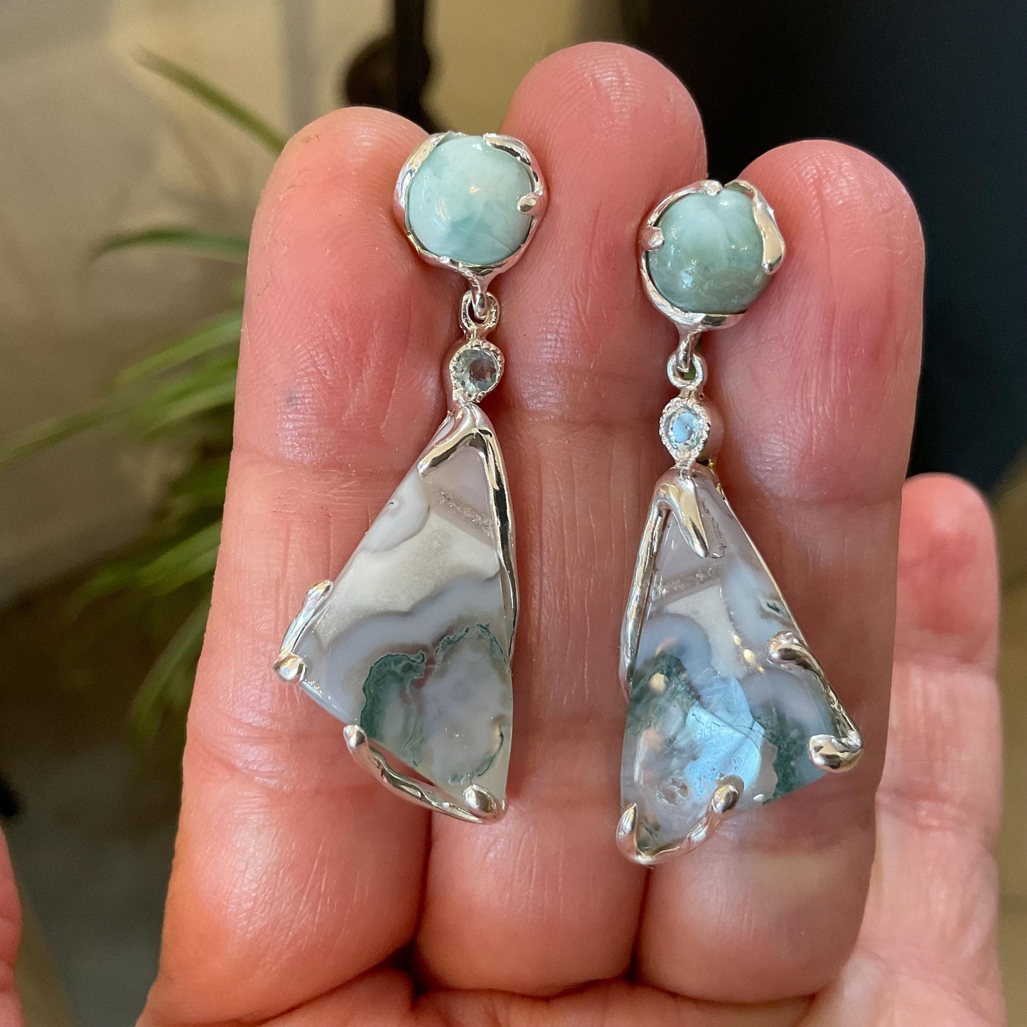 Dominican blue Larimar moss agate post dangle  Earrings