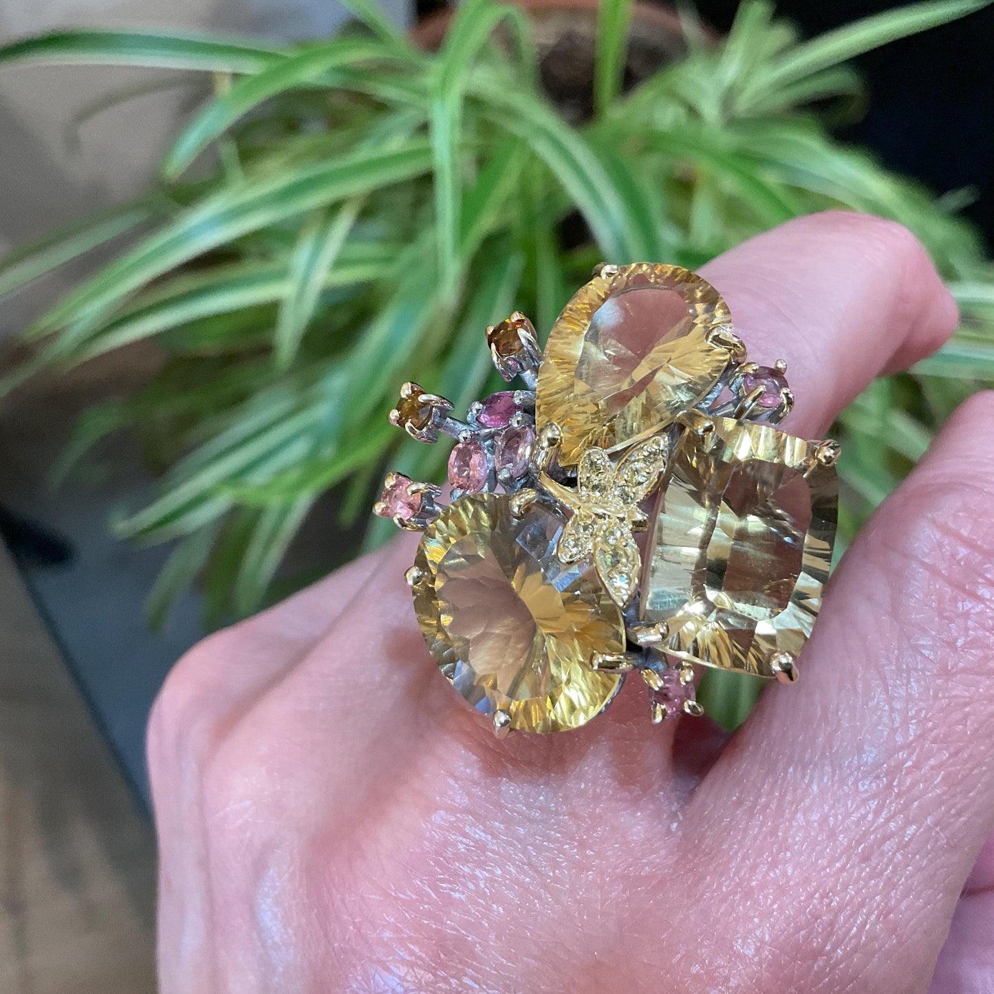 Sterling silver citrine sapphire pink tourmaline dragonfly ring 7.5