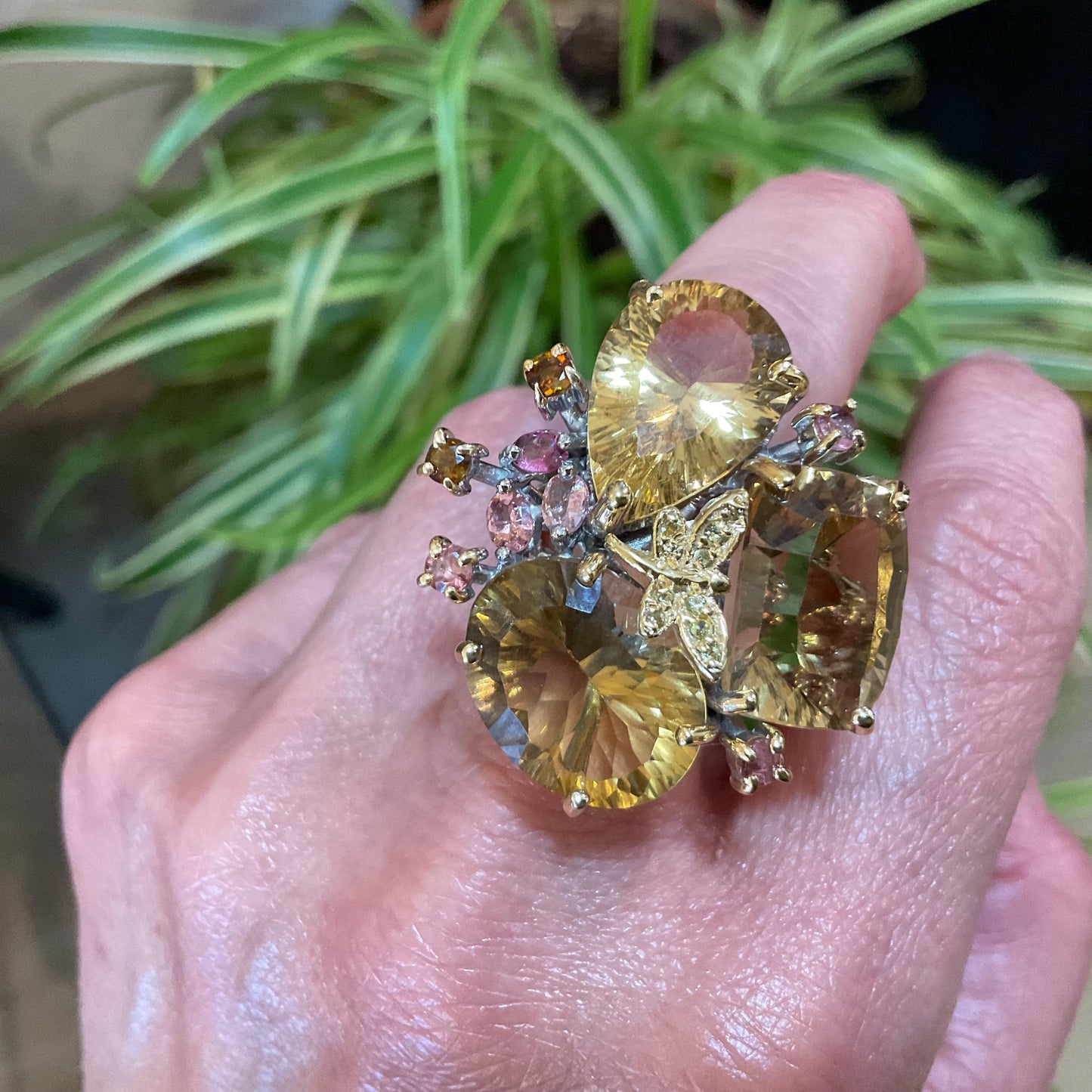 Sterling silver citrine sapphire pink tourmaline dragonfly ring 7.5