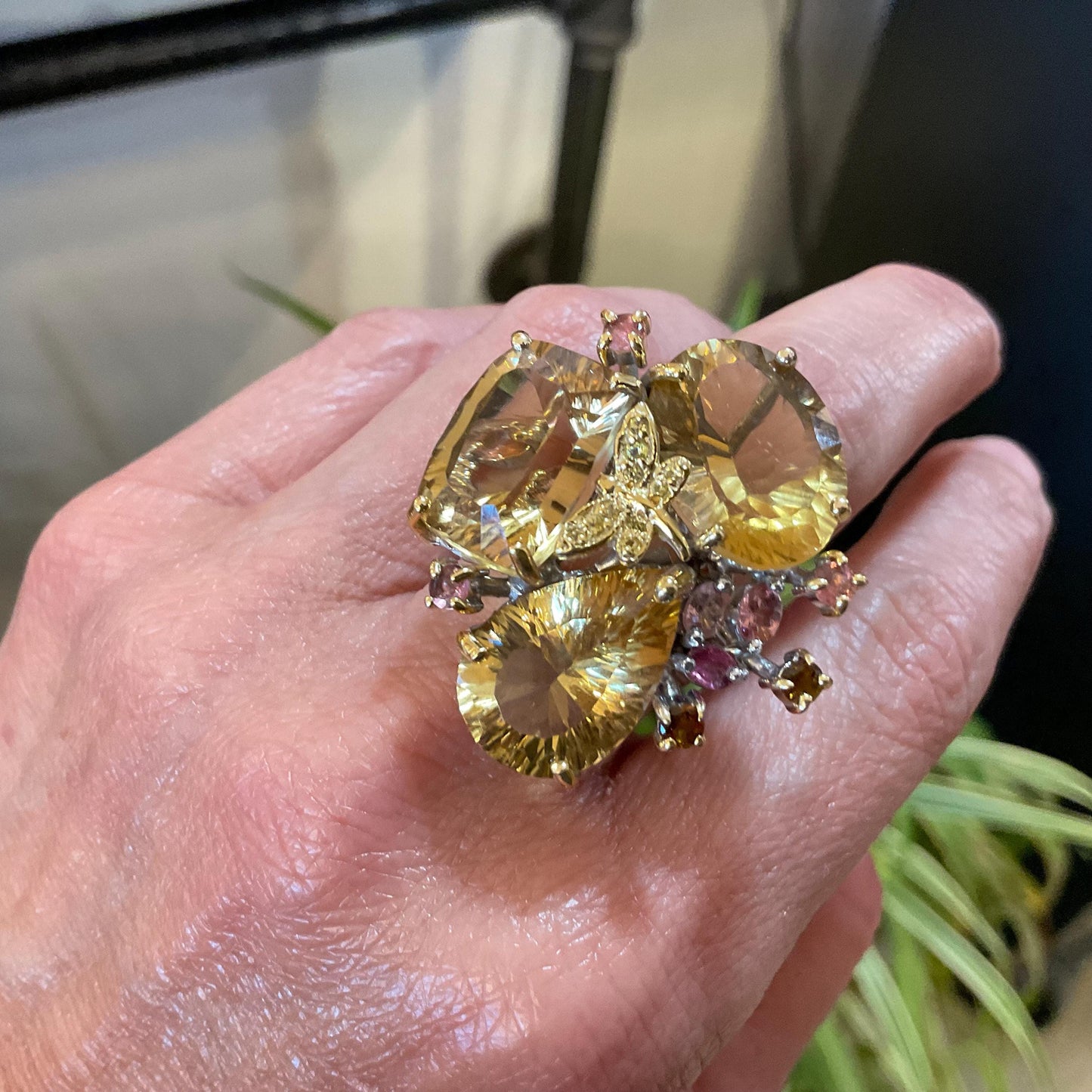 Sterling silver citrine sapphire pink tourmaline dragonfly ring 7.5