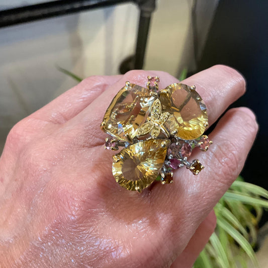 Sterling silver citrine sapphire pink tourmaline dragonfly ring 7.5