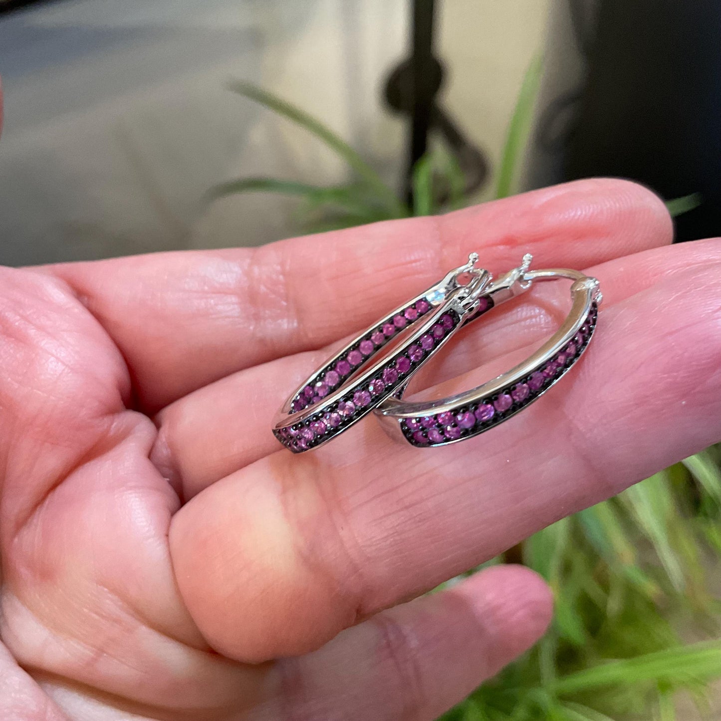 sterling silver Diamond Cut pink Sapphire small hoop earrings