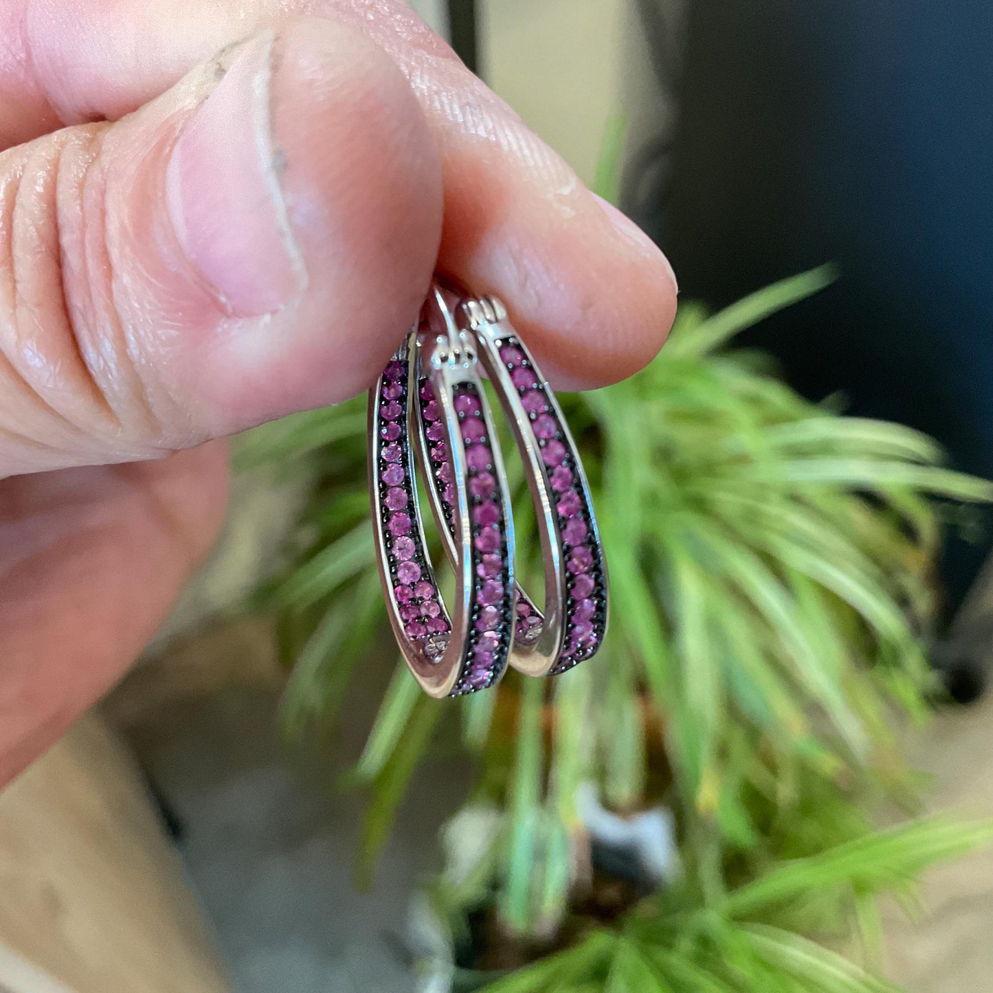 sterling silver Diamond Cut pink Sapphire small hoop earrings