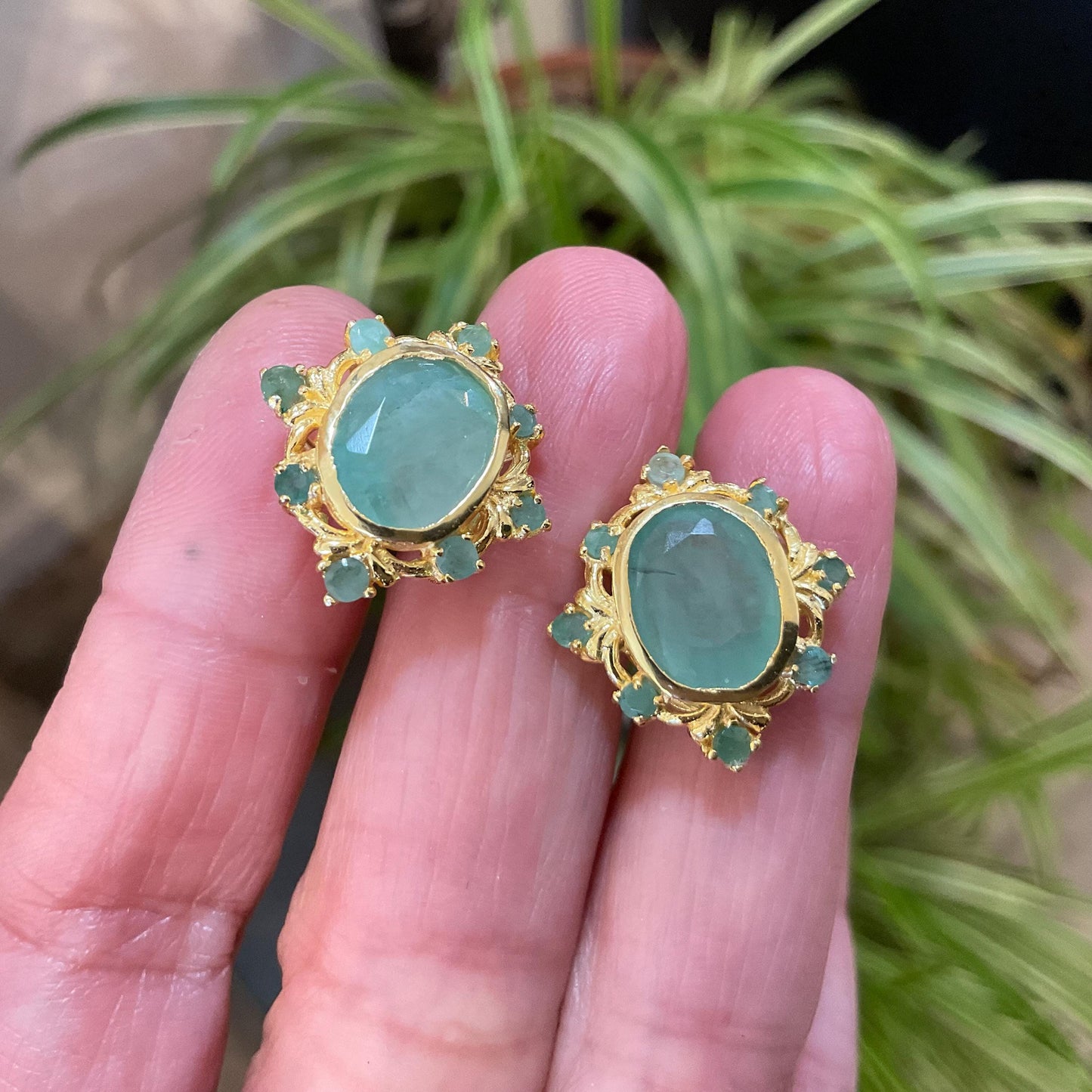 Sterling Silver natural gold Emerald  post earrings
