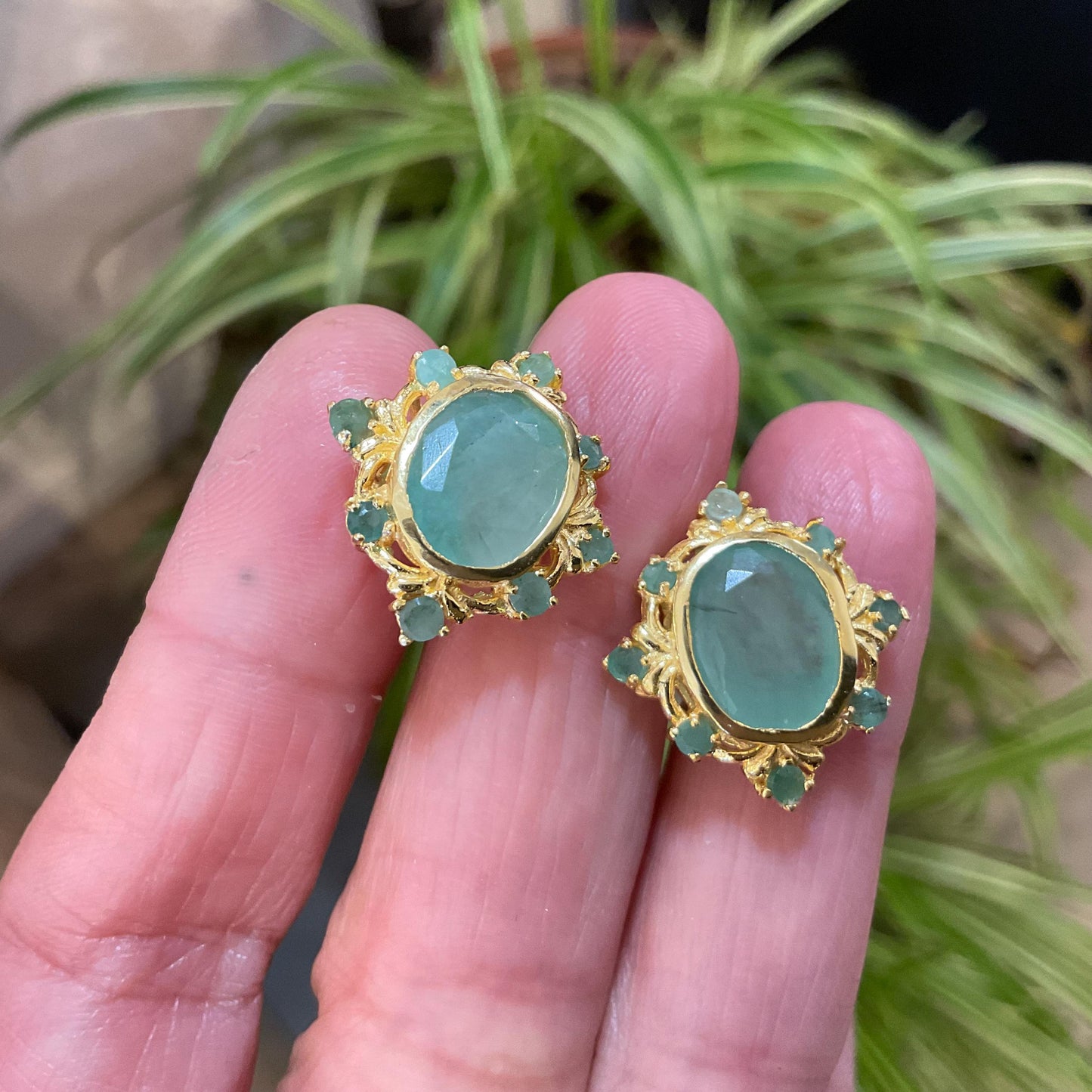 Sterling Silver natural gold Emerald  post earrings