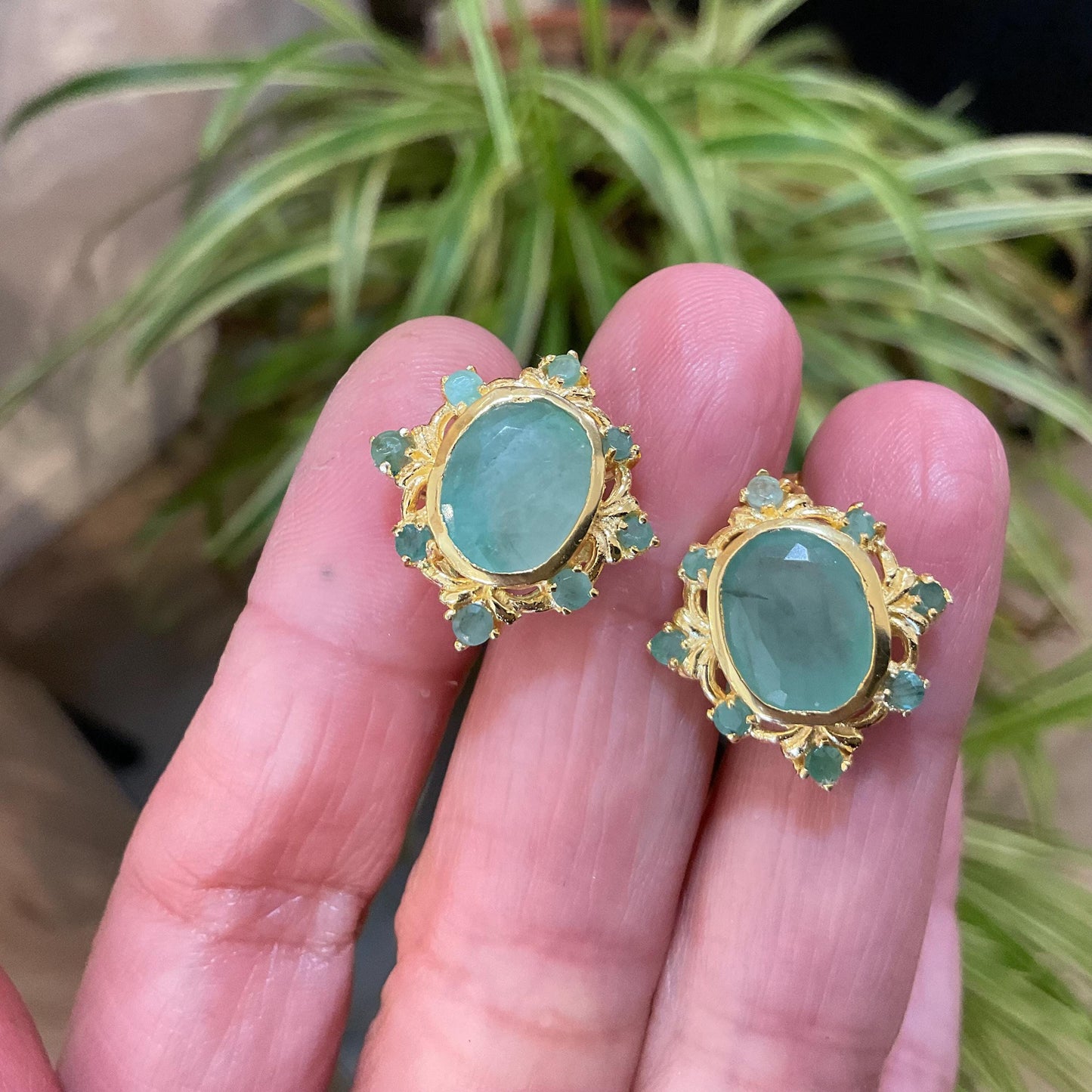 Sterling Silver natural gold Emerald  post earrings