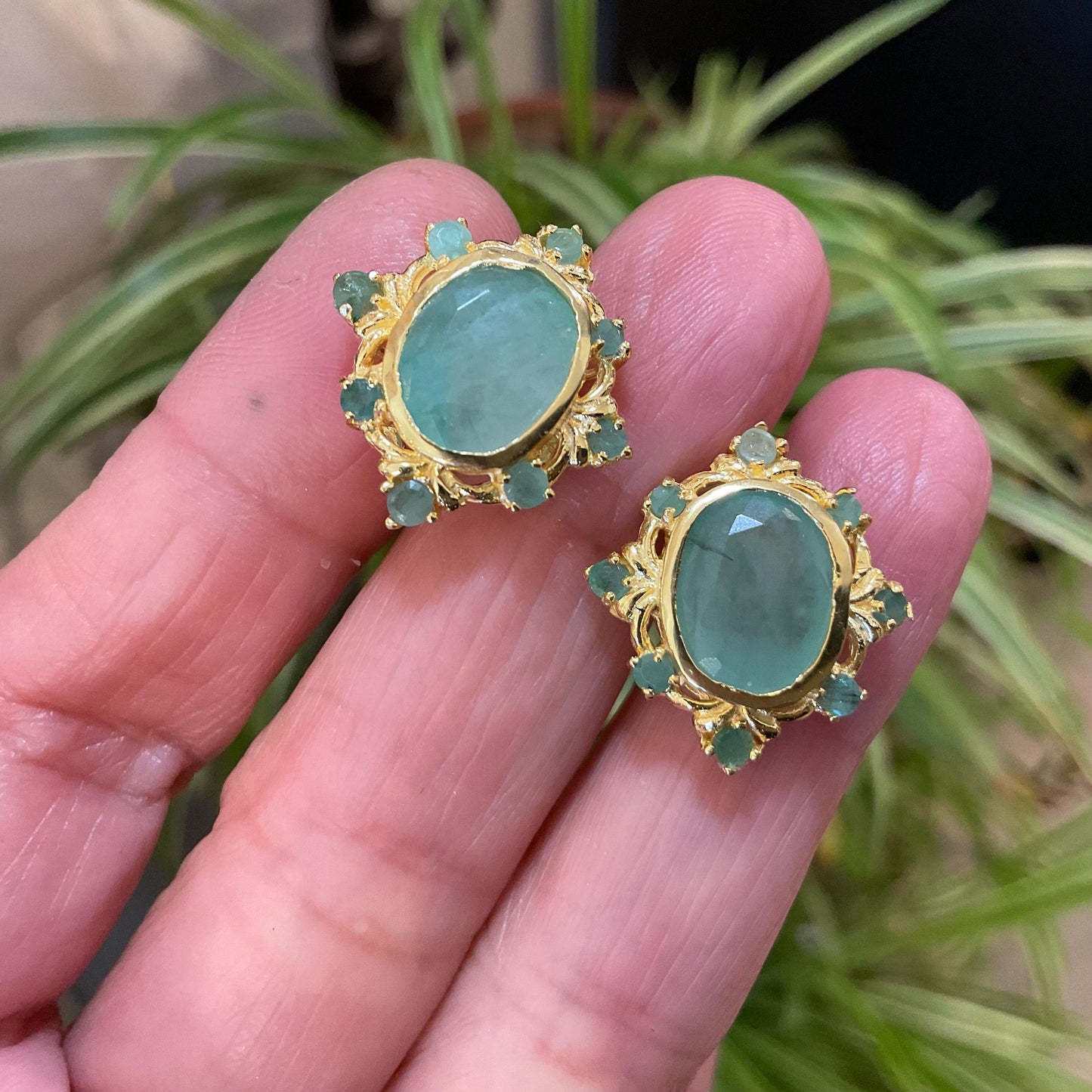 Sterling Silver natural gold Emerald  post earrings