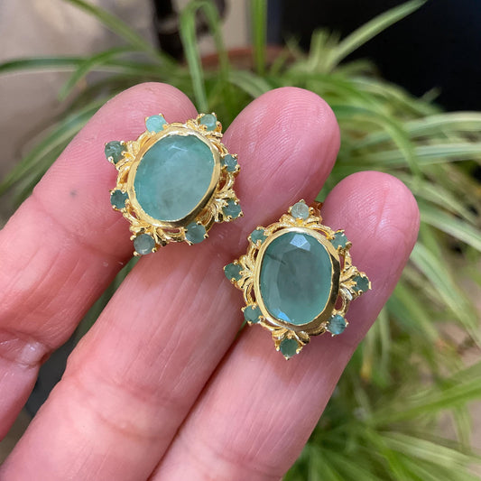 Sterling Silver natural gold Emerald  post earrings