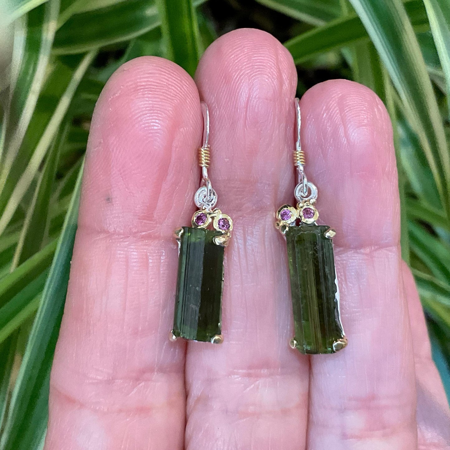 Artisan Sterling Silver rough green tourmaline dangle earrings