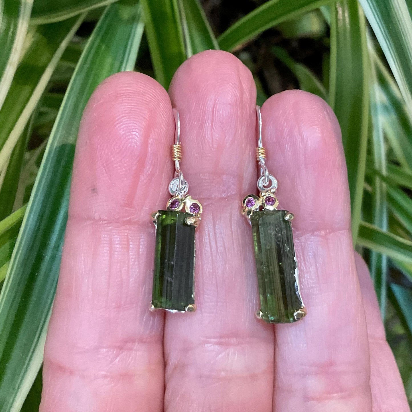 Artisan Sterling Silver rough green tourmaline dangle earrings