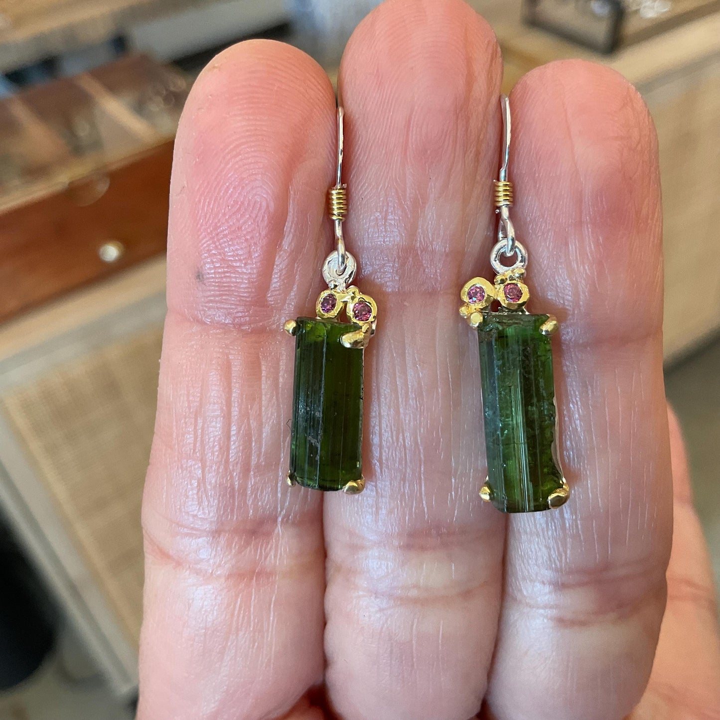 Artisan Sterling Silver rough green tourmaline dangle earrings