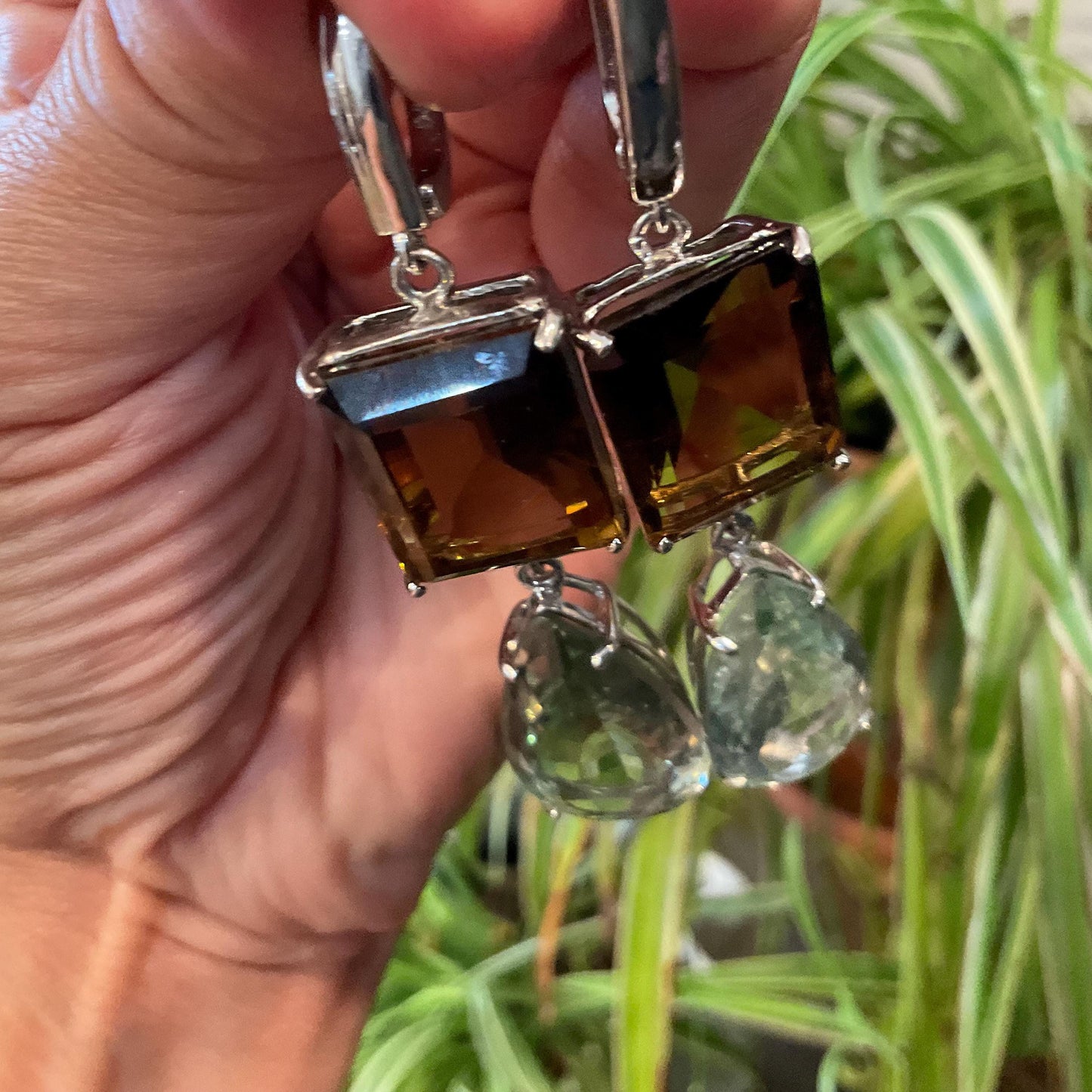 Sterling silver citrine emerald cut green pear shape amethyst statement earrings