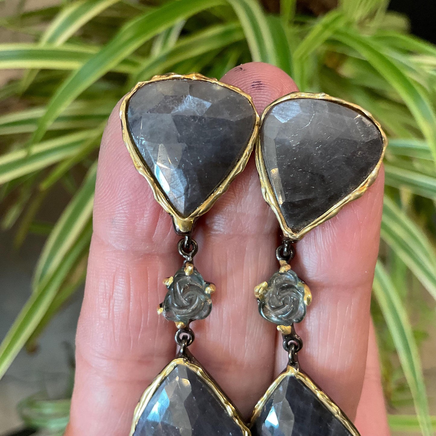 sterling silver statement natural sapphire tourmaline rose dangle earrings