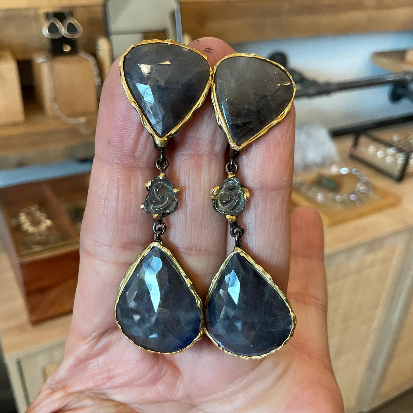 sterling silver statement natural sapphire tourmaline rose dangle earrings