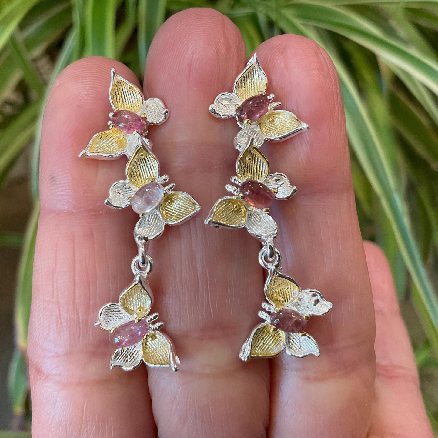 sterling silver statement tourmaline  butterfly stud dangle  earrings