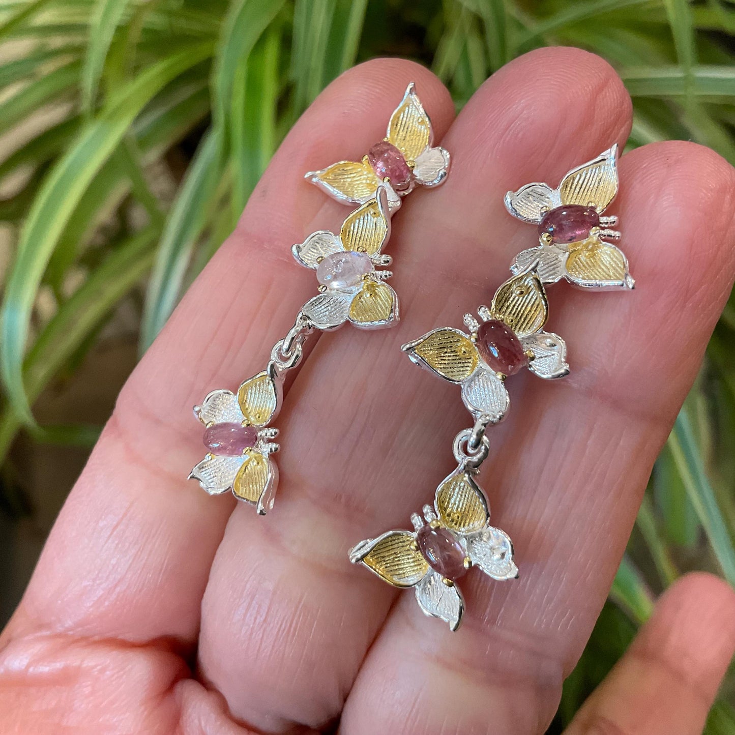 sterling silver statement tourmaline  butterfly stud dangle  earrings