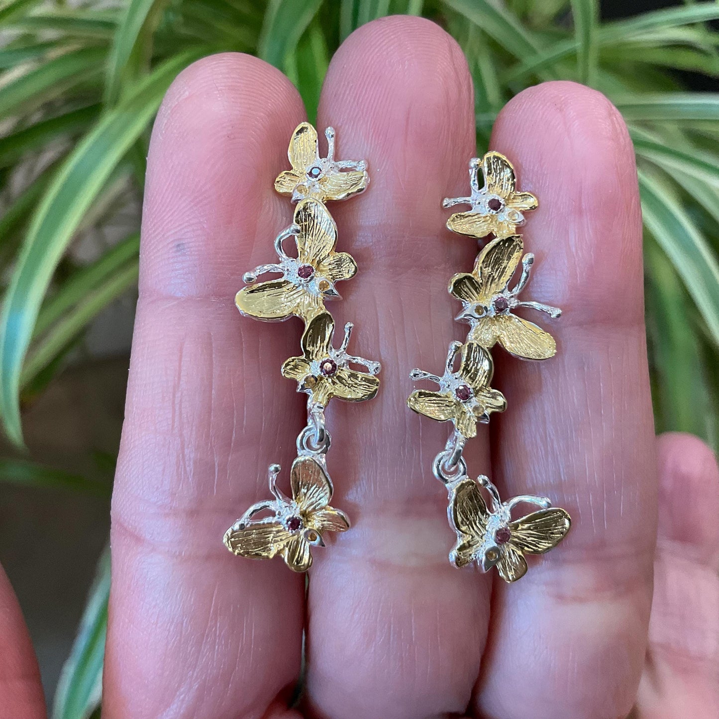sterling silver statement rhodolite butterfly stud dangle  earrings
