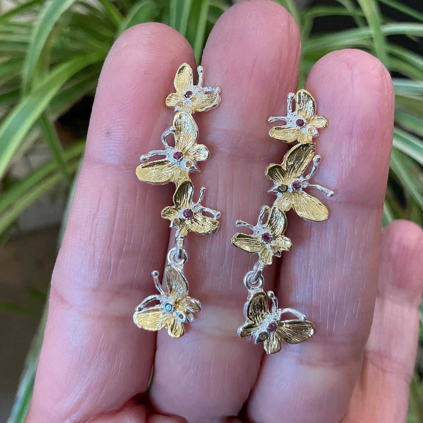 sterling silver statement rhodolite butterfly stud dangle  earrings