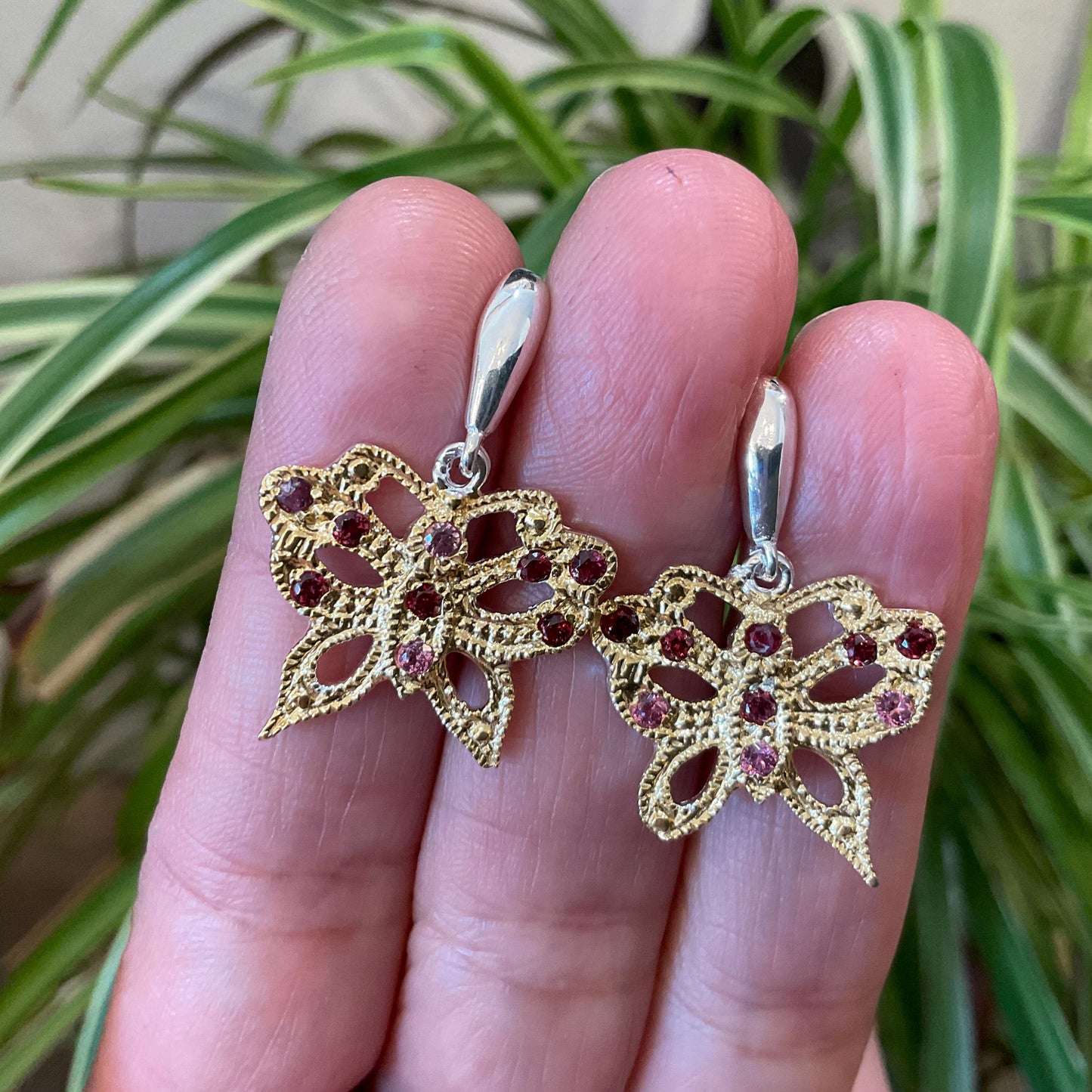 sterling silver statement rhodolite pink red butterfly stud dangle  earrings