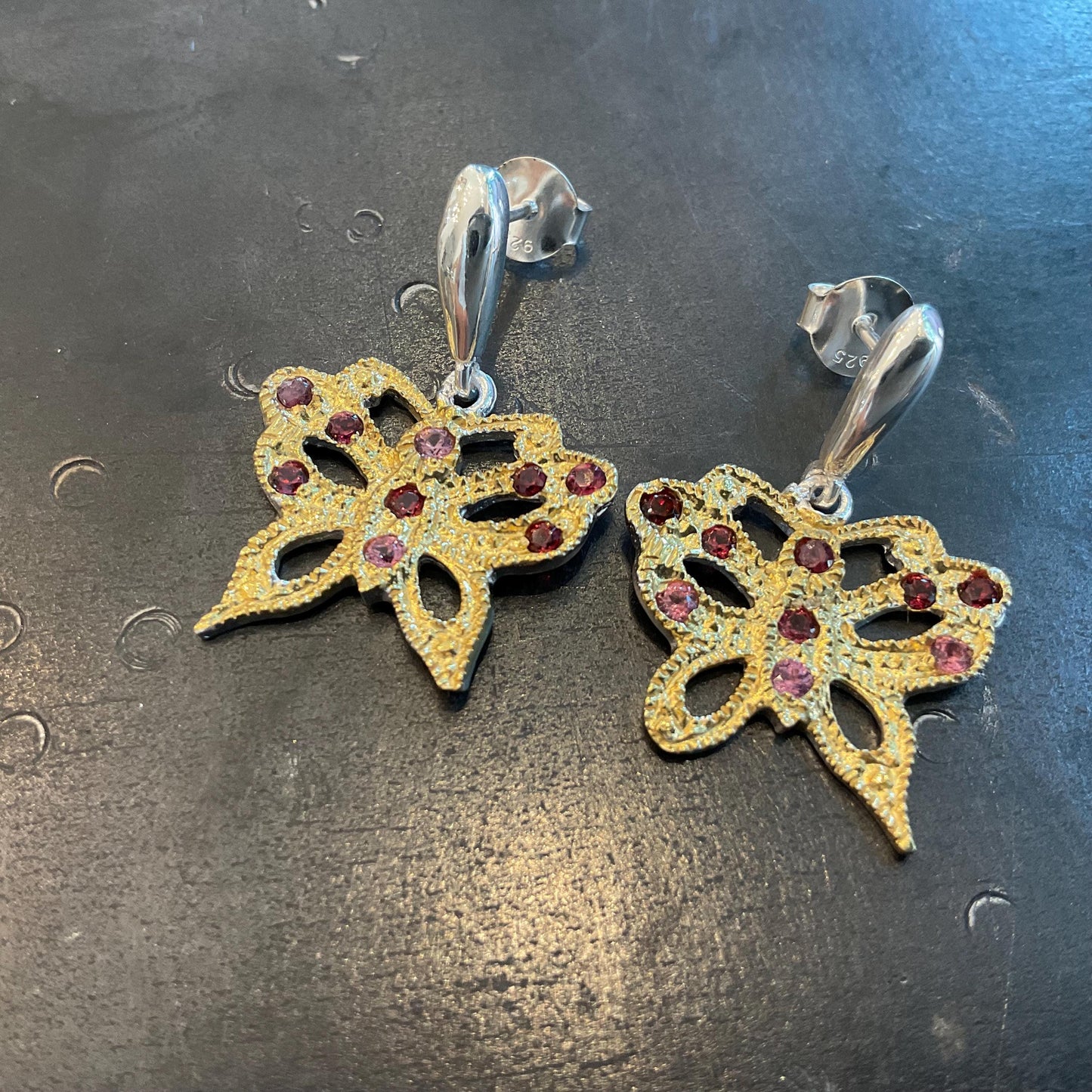 sterling silver statement rhodolite pink red butterfly stud dangle  earrings