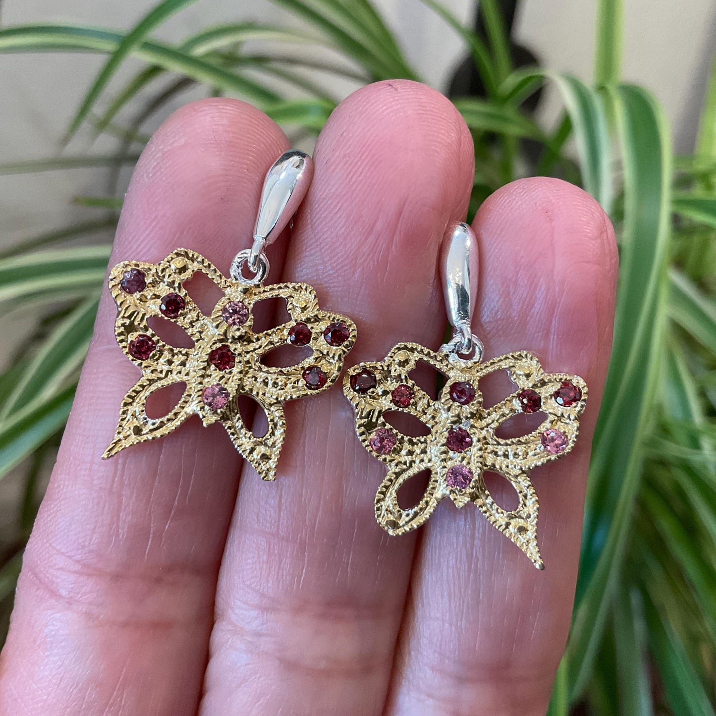 sterling silver statement rhodolite pink red butterfly stud dangle  earrings