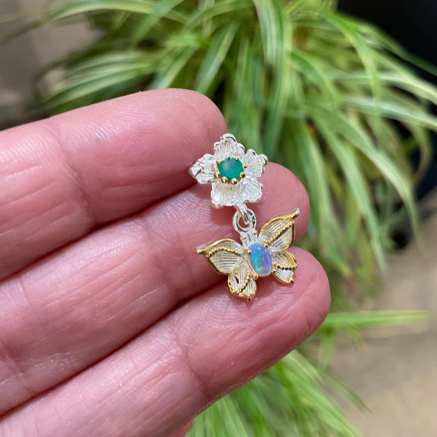 Sterling silver  Natural Rainbow Opal butterfly green onyx pendant