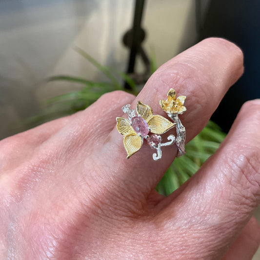 sterling silver butterfly pink tourmaline adjustable open ring 7 7.5 8 8.5