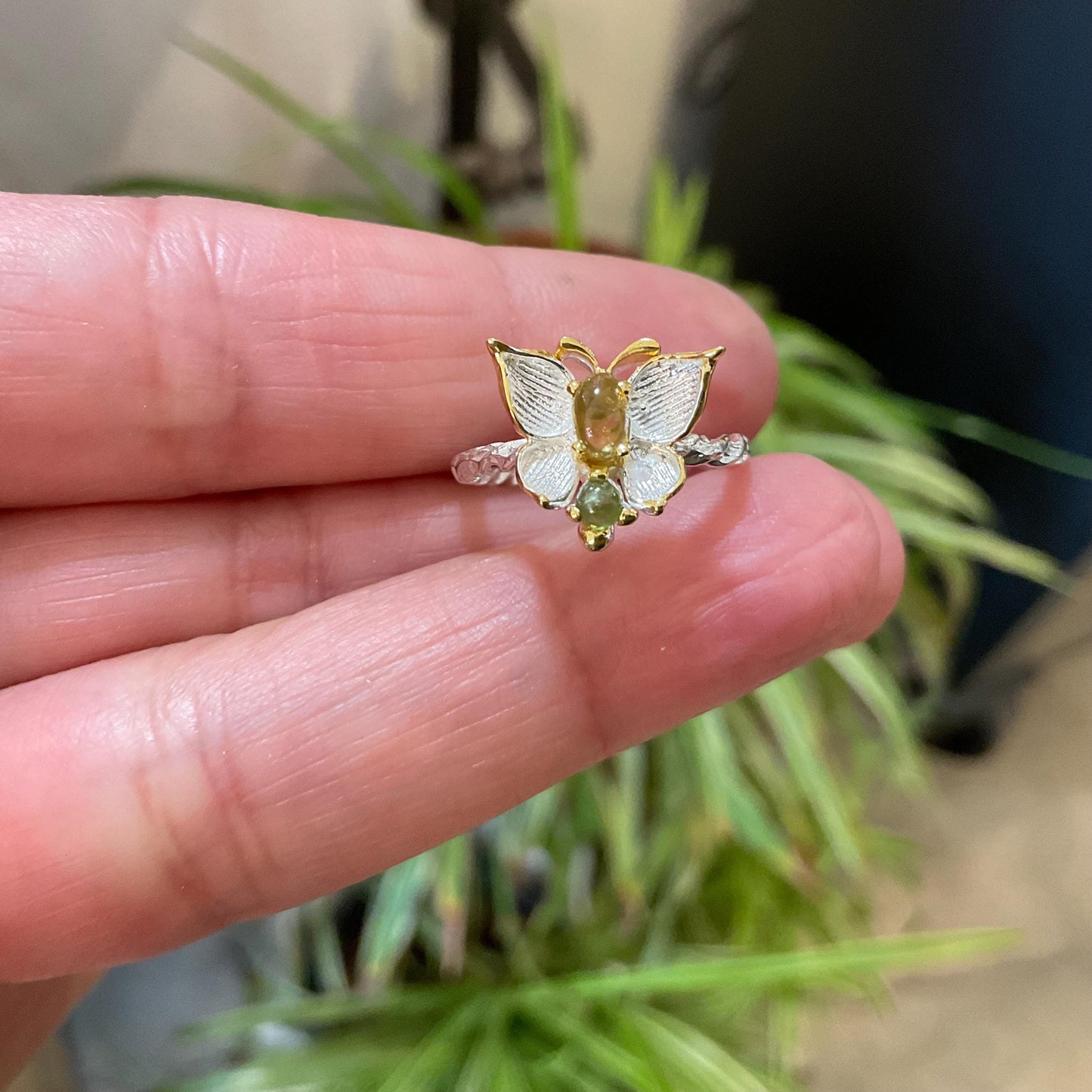 sterling silver butterfly natural green yellow tourmaline ring 5