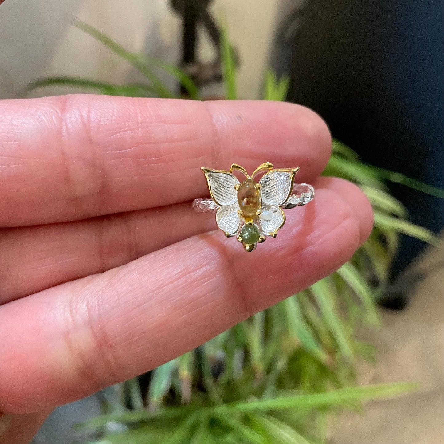sterling silver butterfly natural green yellow tourmaline ring 5