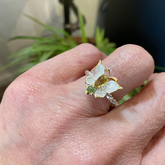 sterling silver butterfly natural green yellow tourmaline ring 5