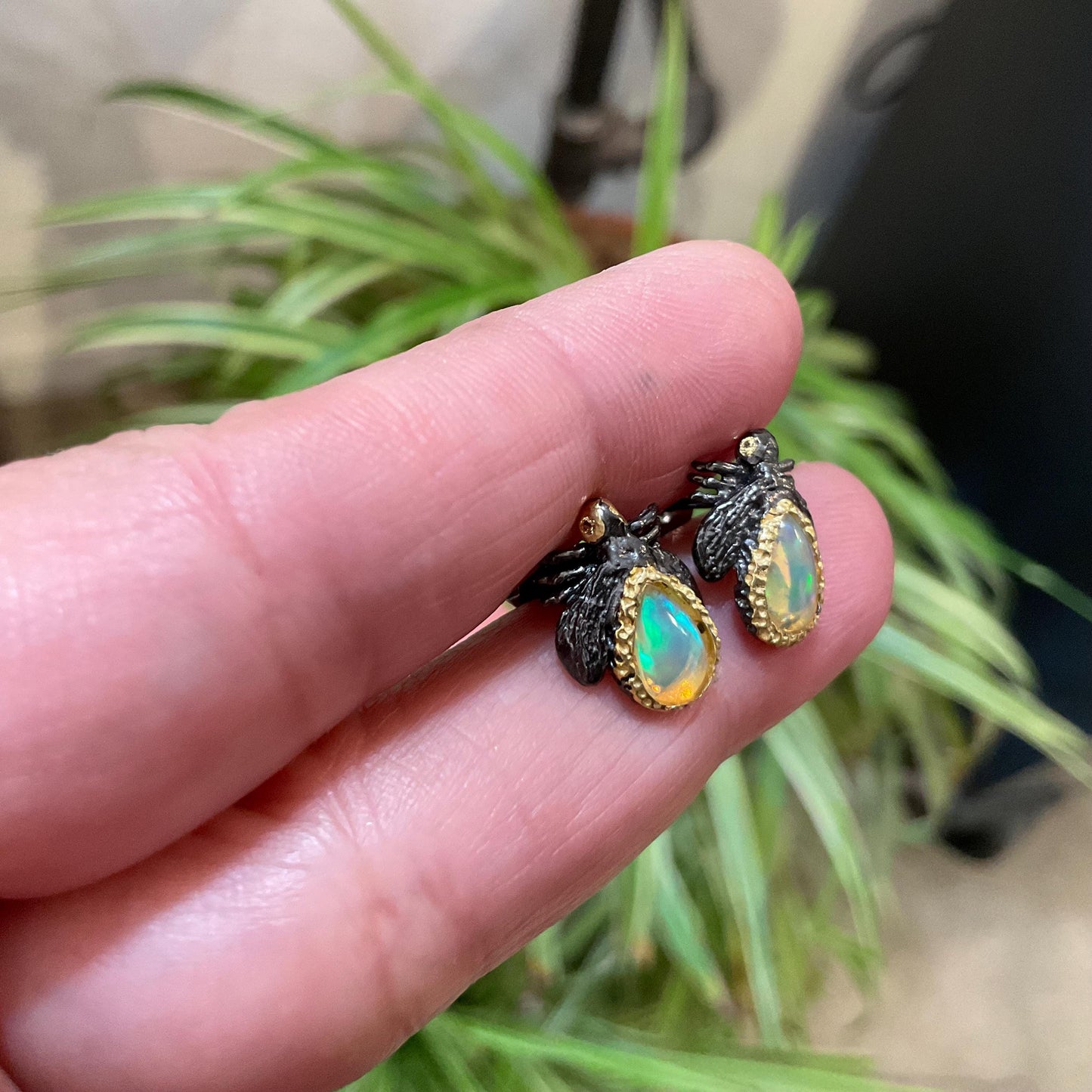 Sterling Silver natural rainbow opal bee stud  earrings