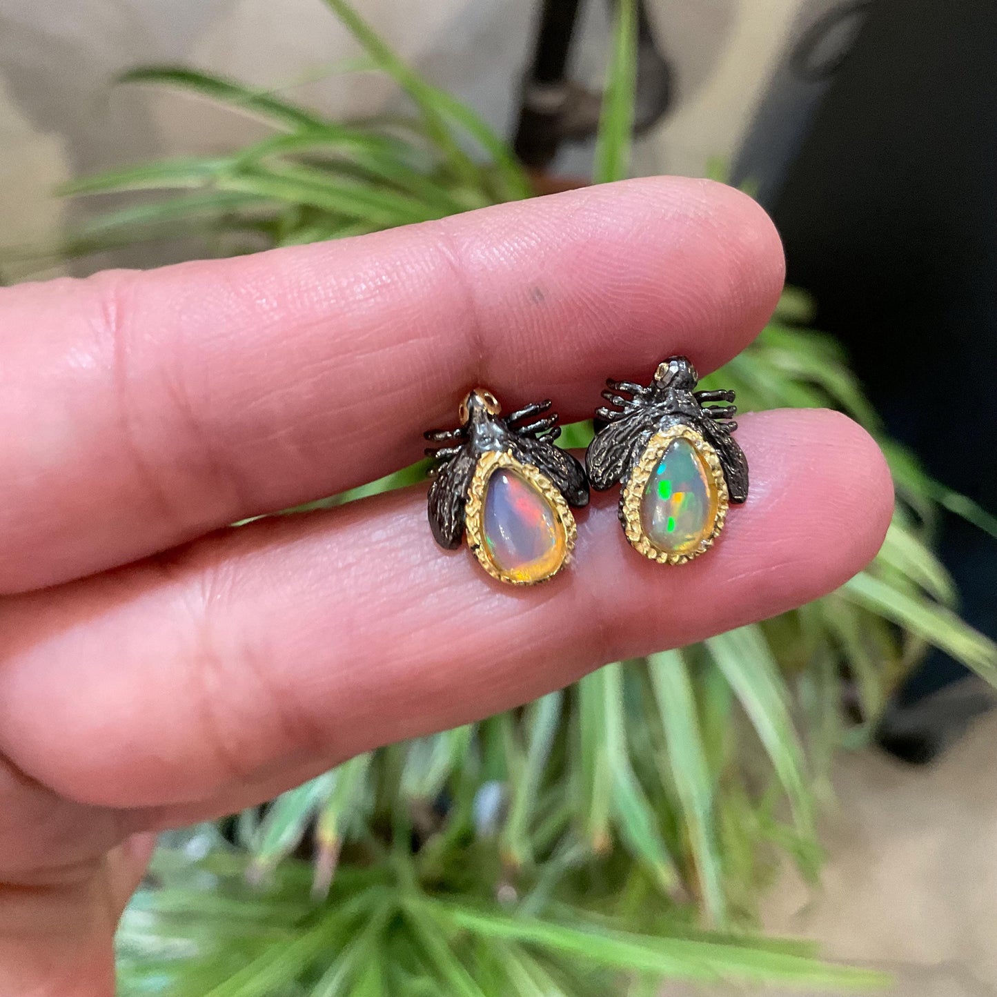 Sterling Silver natural rainbow opal bee stud  earrings