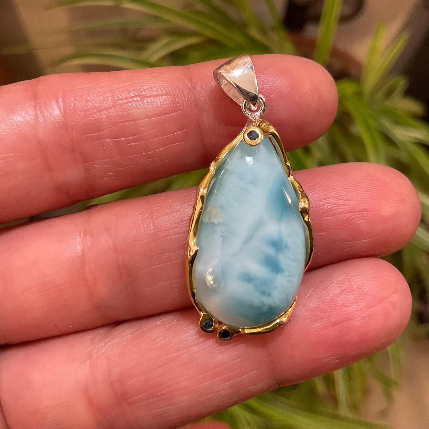 Sterling silver blue Dominican Larimar pendant with sapphire