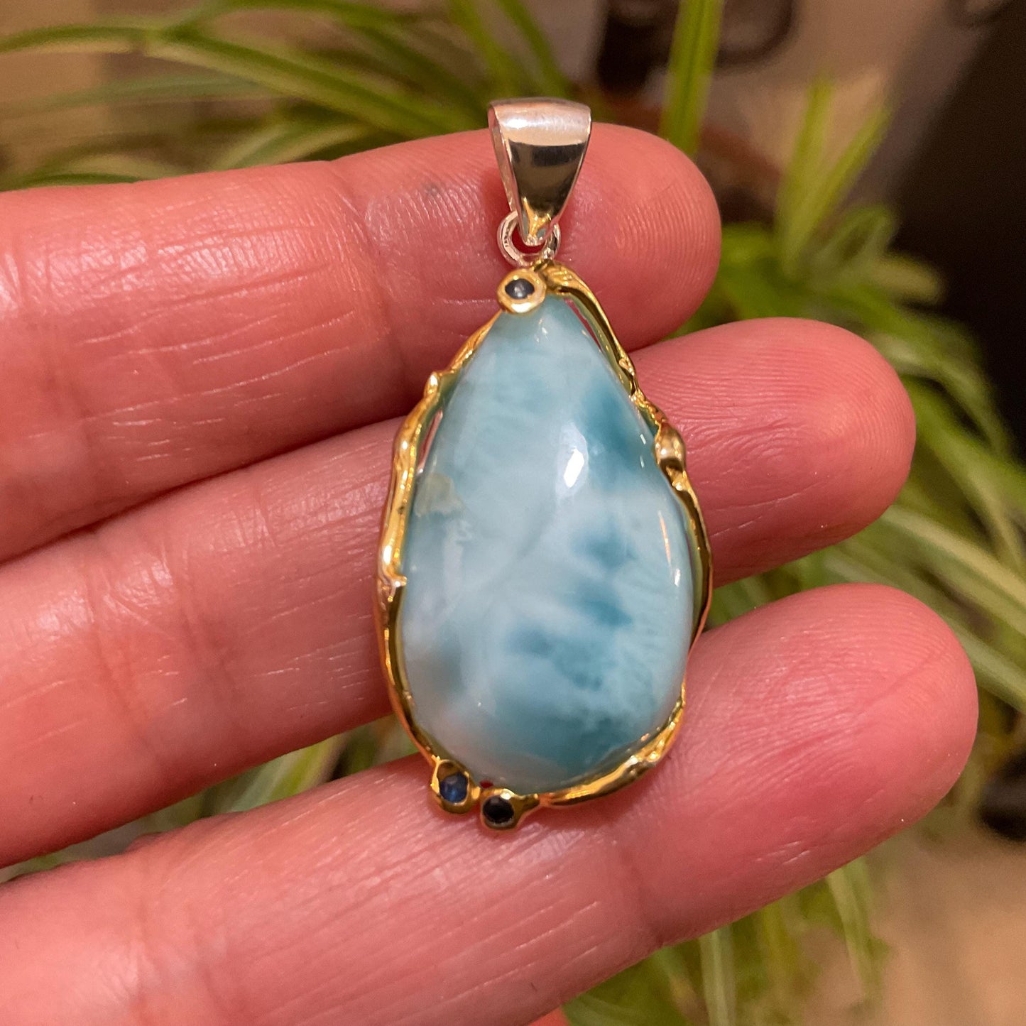 Sterling silver blue Dominican Larimar pendant with sapphire