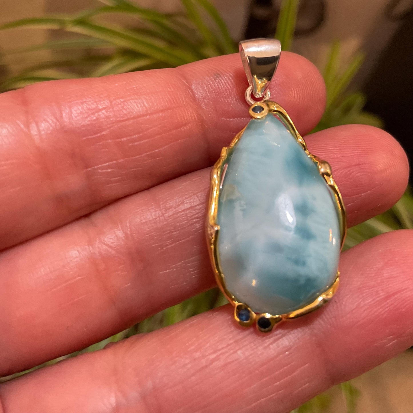 Sterling silver blue Dominican Larimar pendant with sapphire