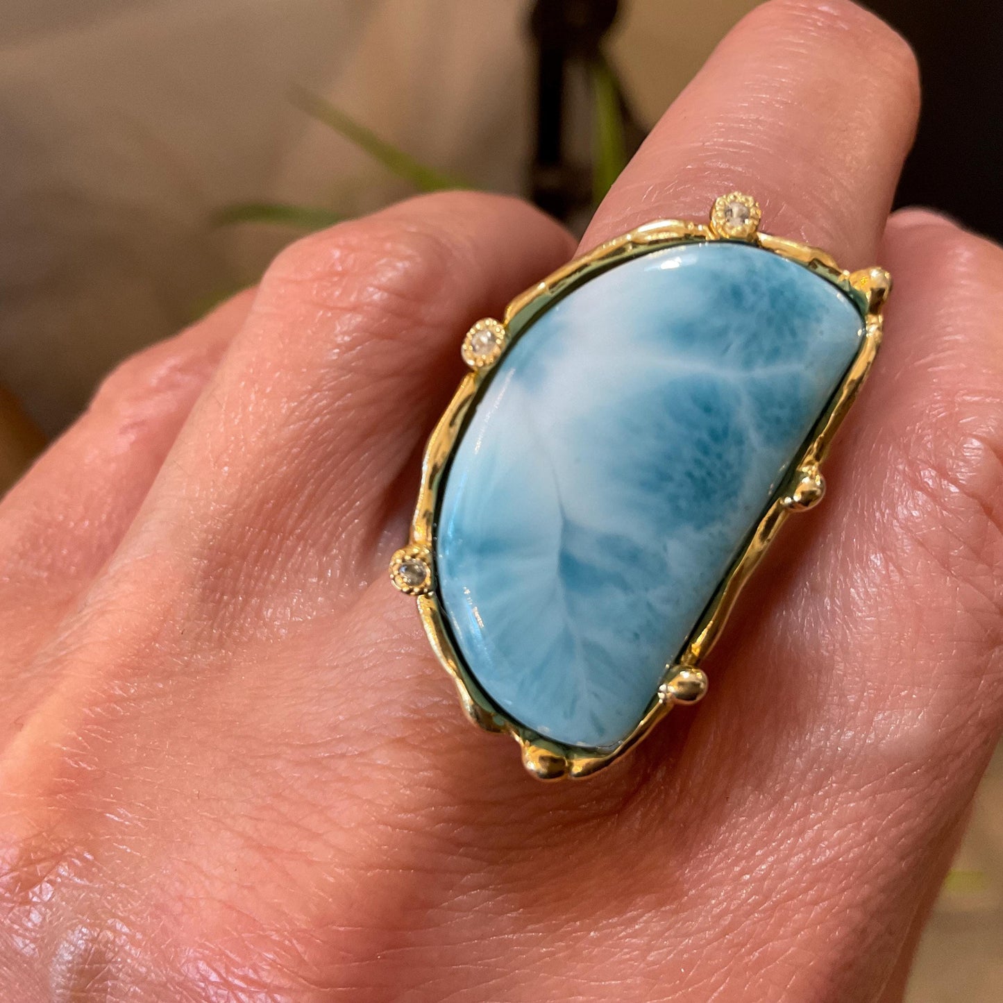Sterling Statement larimar statement moon shape  ring 7.5