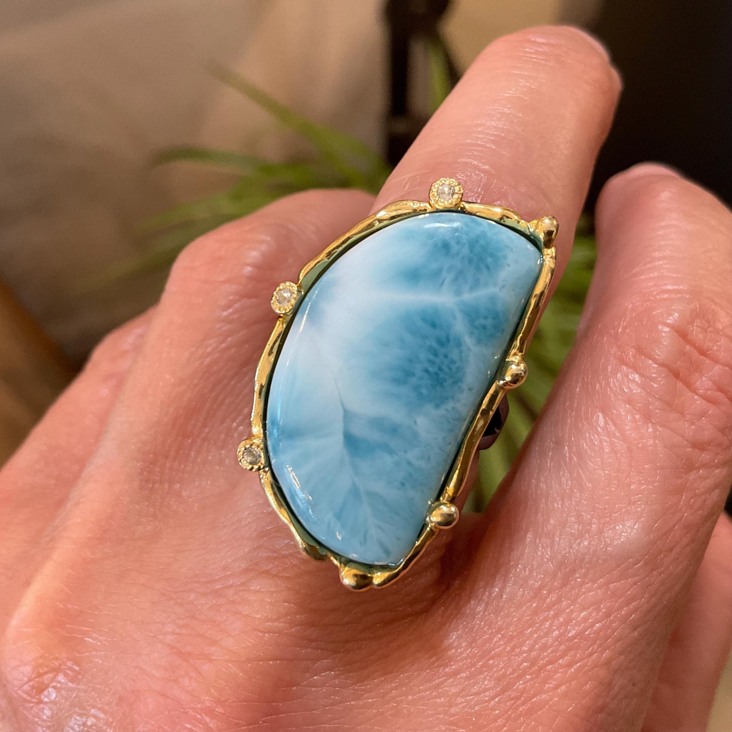 Sterling Statement larimar statement moon shape  ring 7.5