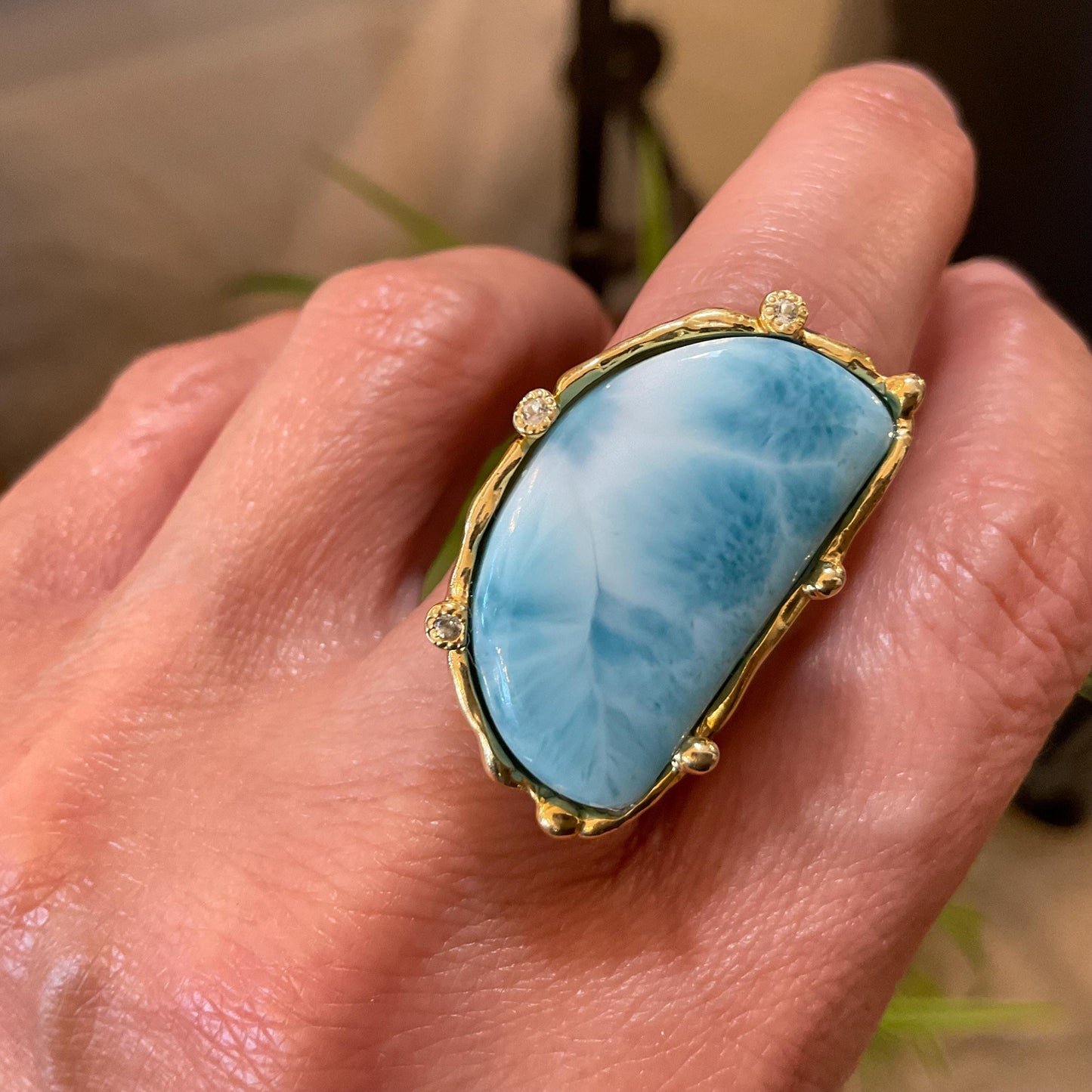 Sterling Statement larimar statement moon shape  ring 7.5