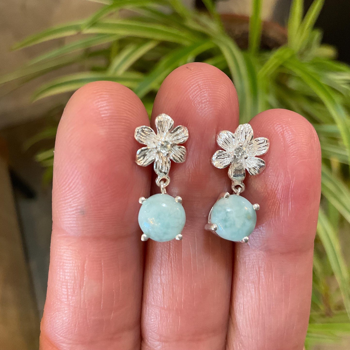 Dominican blue Larimar flower post dangle  Earrings