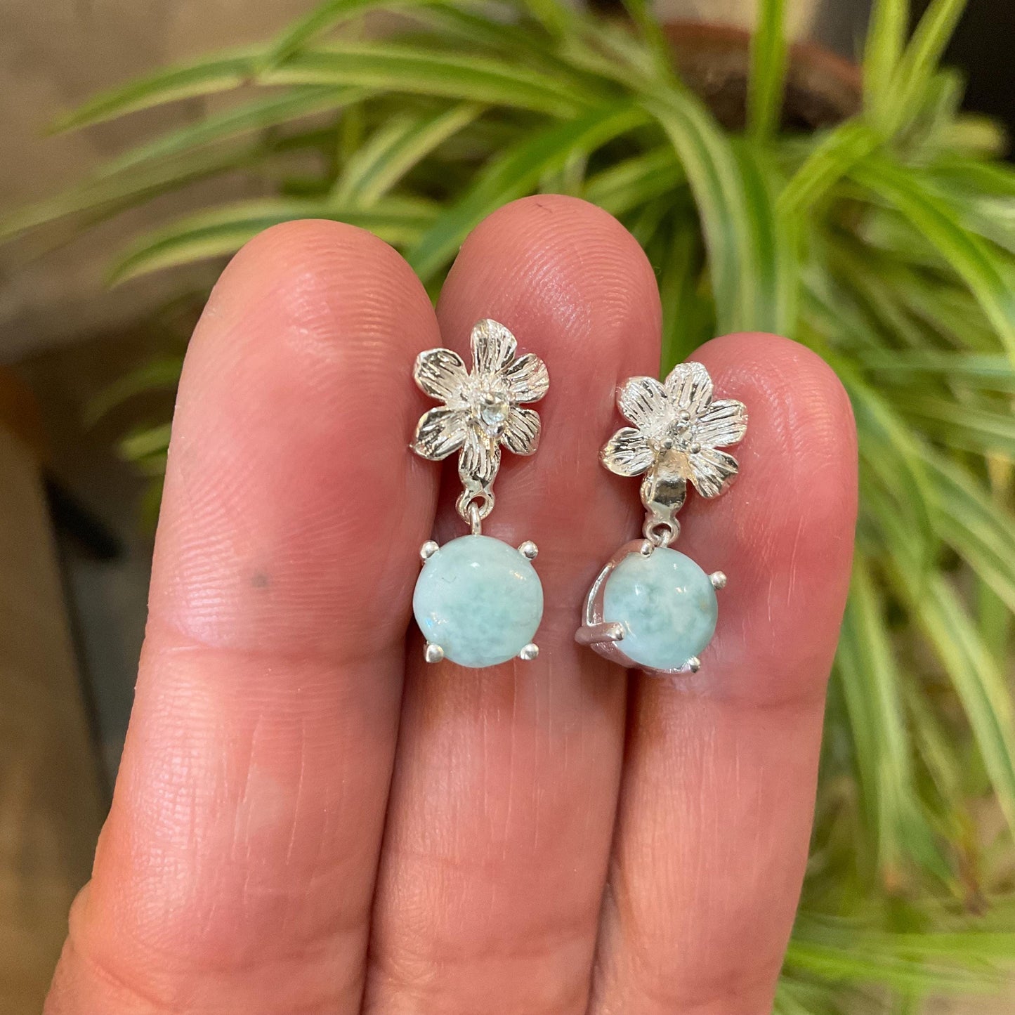 Dominican blue Larimar flower post dangle  Earrings