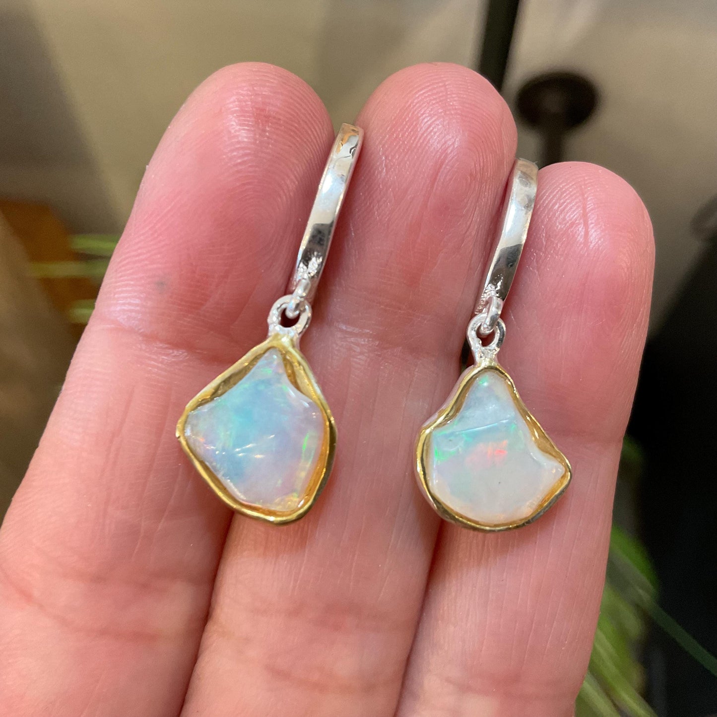 Sterling Silver Natural rough rainbow dangle  Earrings