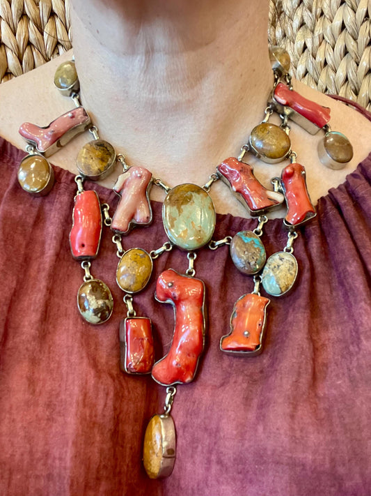 Vintage Sterling Silver Turquoise red coral Statement Necklace