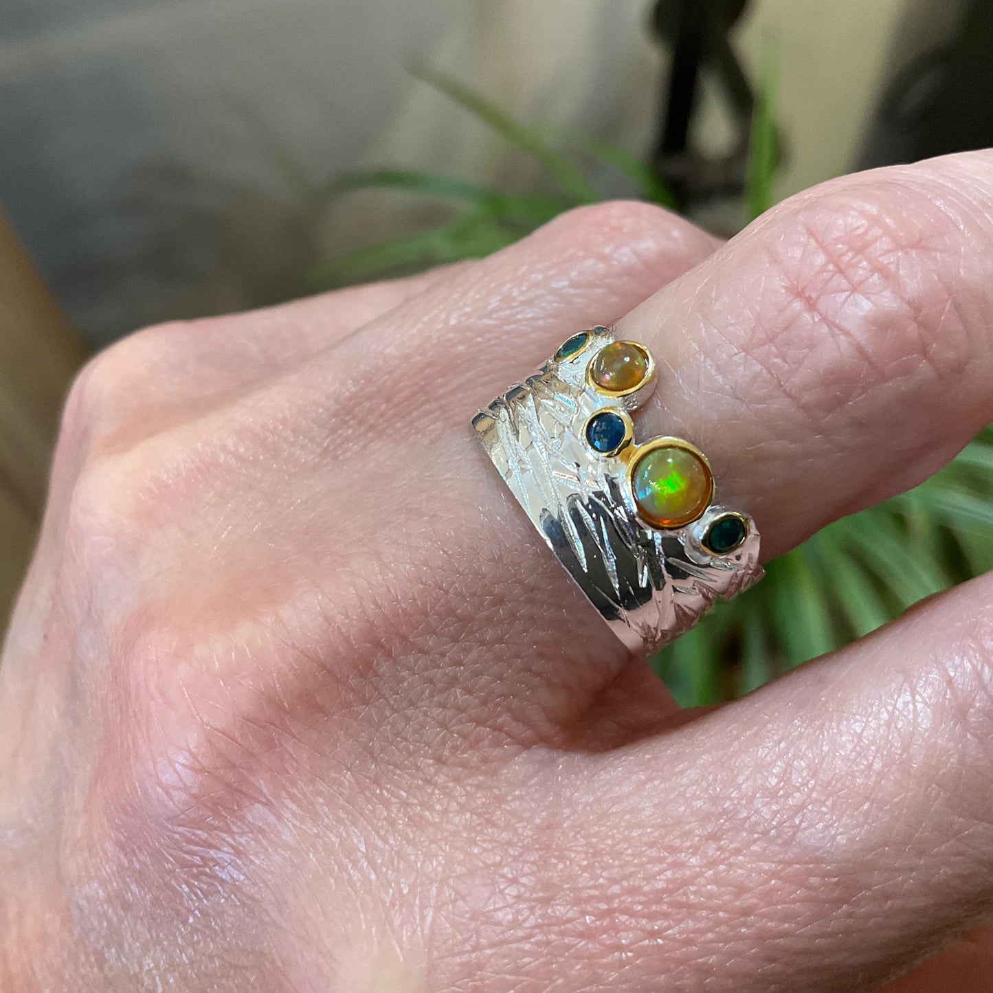 sterling silver Natural opal  band ring 7.5