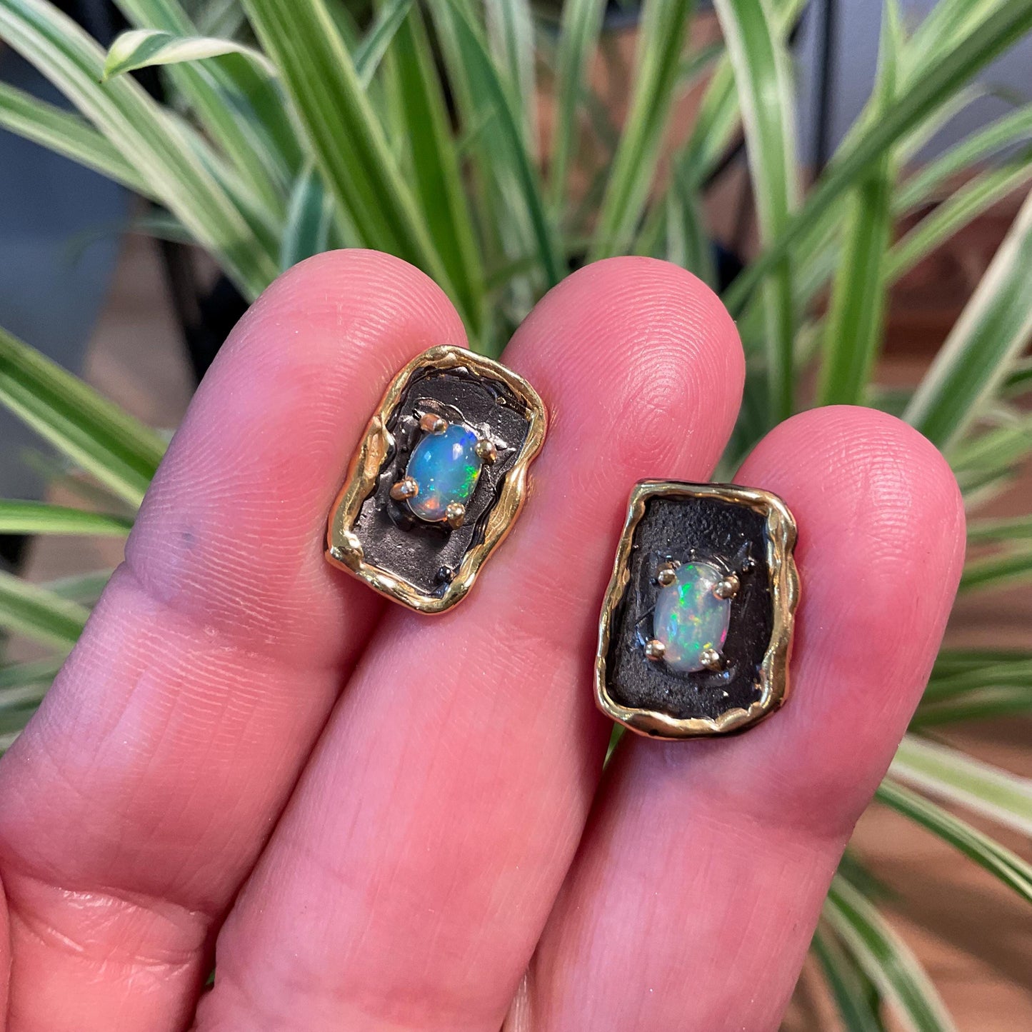 Sterling Silver natural rainbow opal stud  earrings