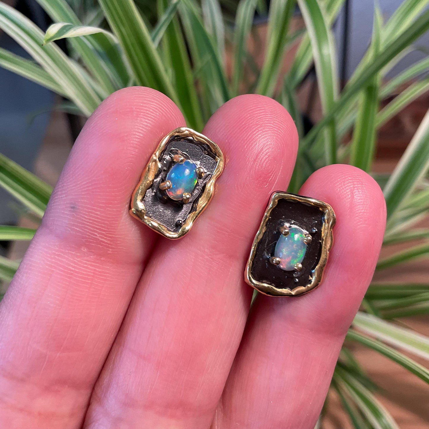 Sterling Silver natural rainbow opal stud  earrings