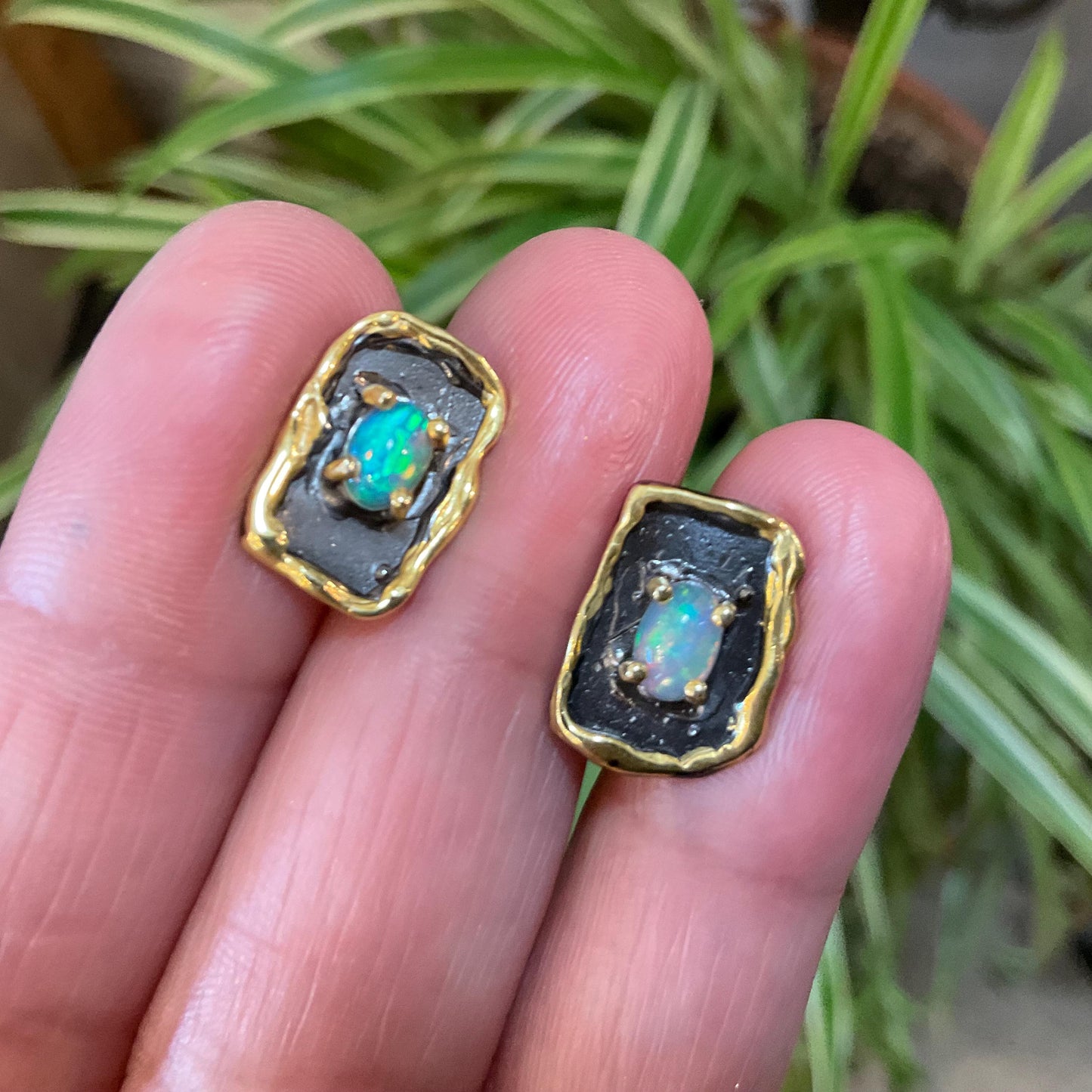 Sterling Silver natural rainbow opal stud  earrings