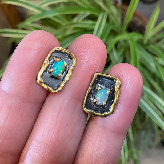 Sterling Silver natural rainbow opal stud  earrings