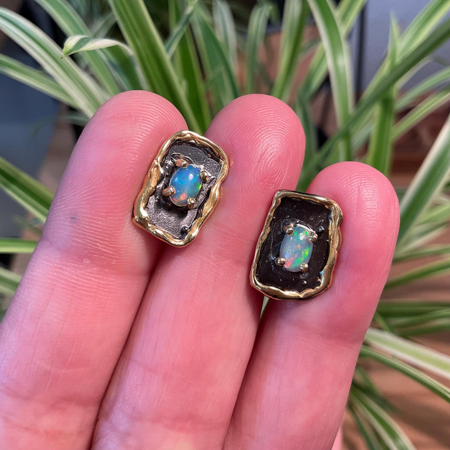 Sterling Silver natural rainbow opal stud  earrings